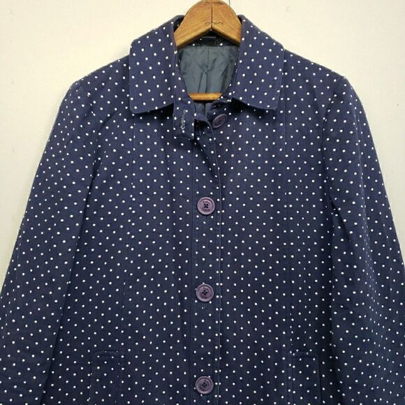Boden Navy Blue Polka Dot Long Trench Coat Womens 10 Cotton Made in Poland - Picture 3 of 15
